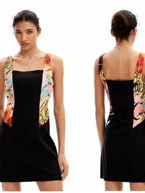 NEW DESIGUAL Christian Lacroix Orchid Mini Dress Vest Square Neck Slim Black S